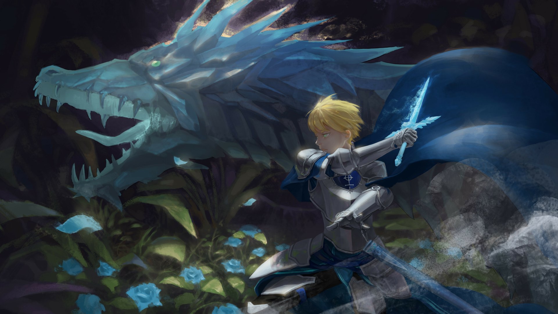 Anime warrior wields a glowing sword amid blue flowers at night, with a majestic dragon looming behind in this 8K Ultra HD PC desktop wallpaper.