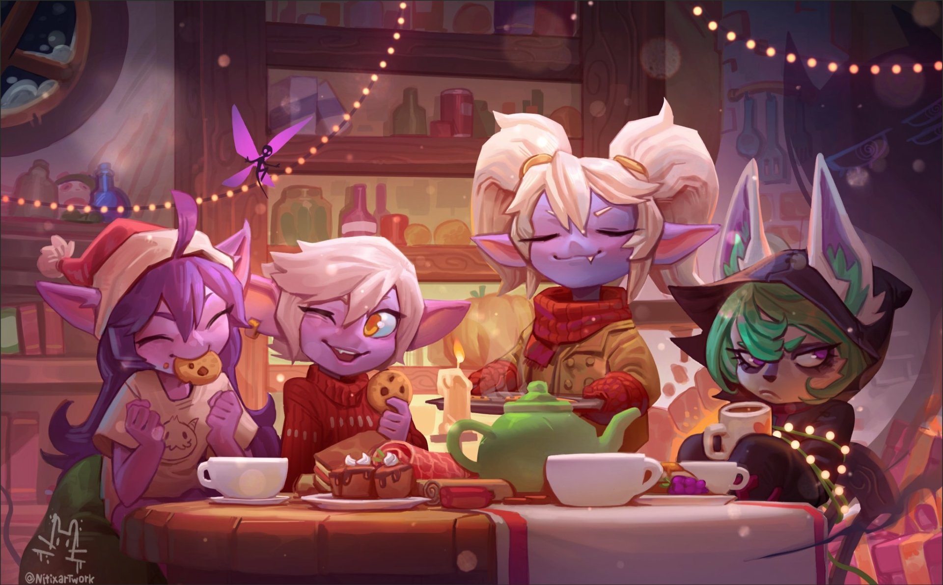 HD League of Legends desktop wallpaper featuring Vex, Lulu, Poppy, and Tristana enjoying tea and snacks in a cozy, warmly lit setting.