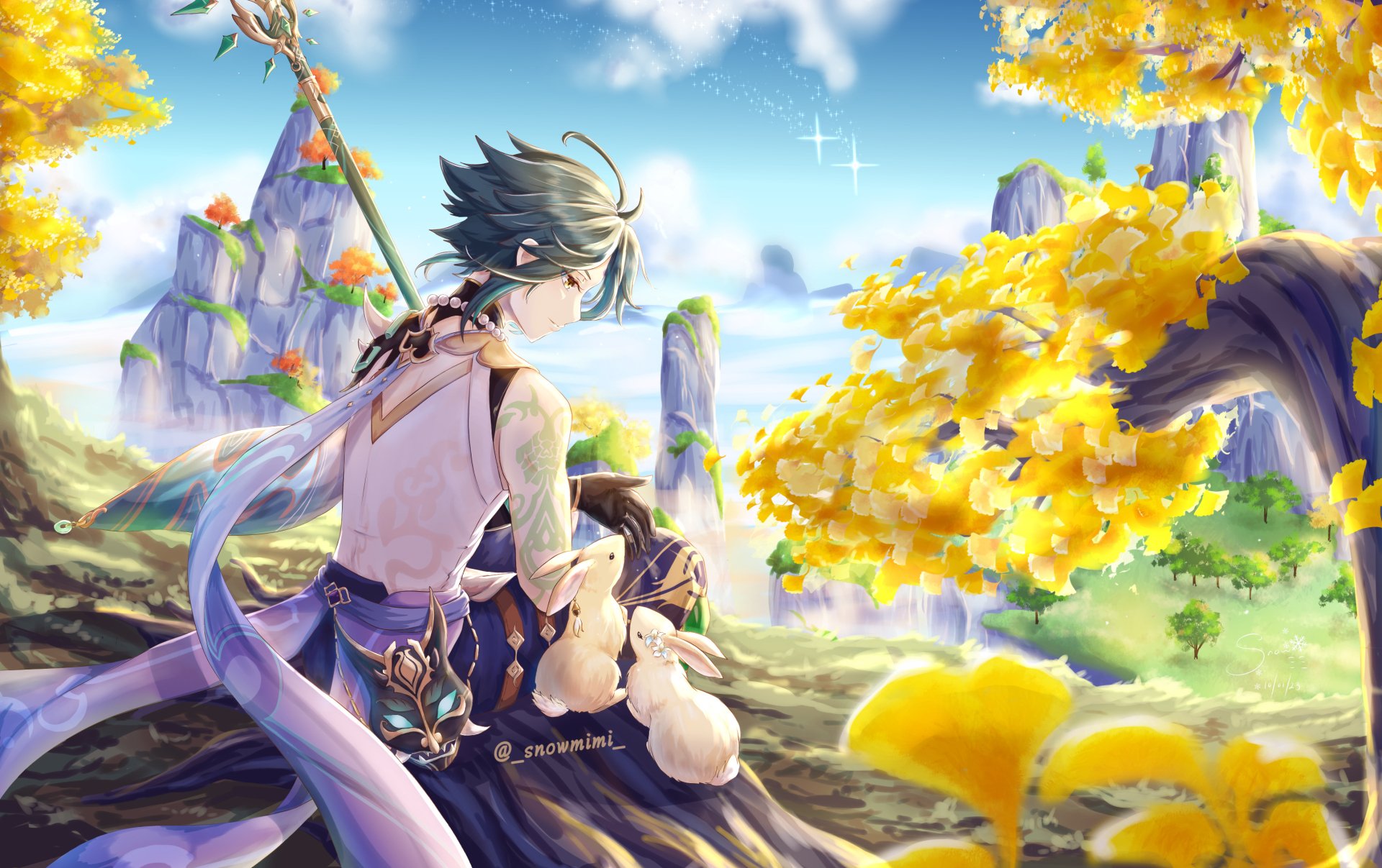 Xiao from Genshin Impact sits on a cliff amid golden trees, gazing over a bright fantasy valley — 2K Quad HD PC desktop wallpaper/background.