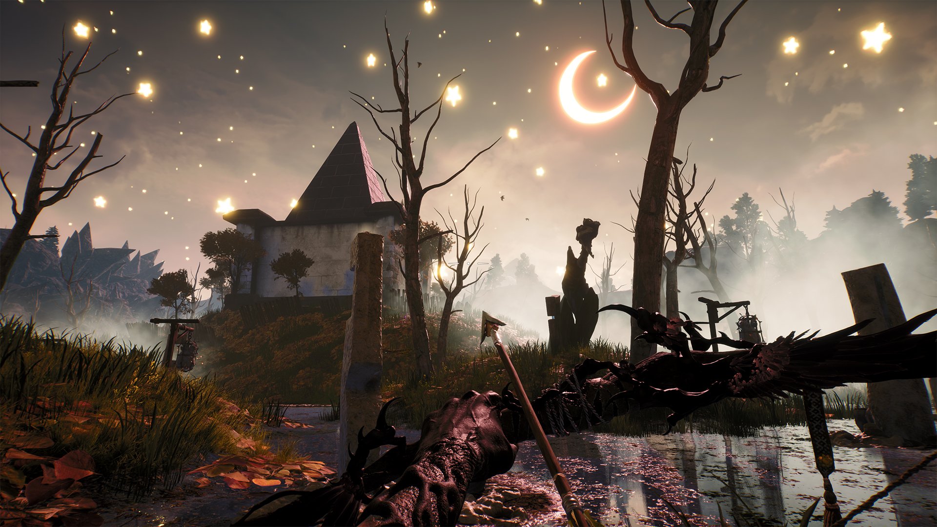 Enigmatic Blacktail wallpaper depicting a whimsical forest scene with a solar eclipse, glowing particles, and a medieval tower amid barren trees for HD desktop background.