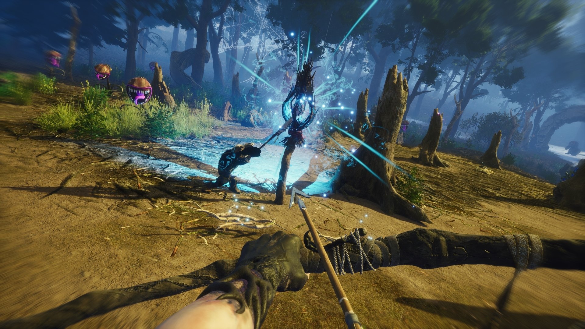 HD wallpaper of a first-person view in the Blacktail game with mystical archery combat in an enchanted forest setting.