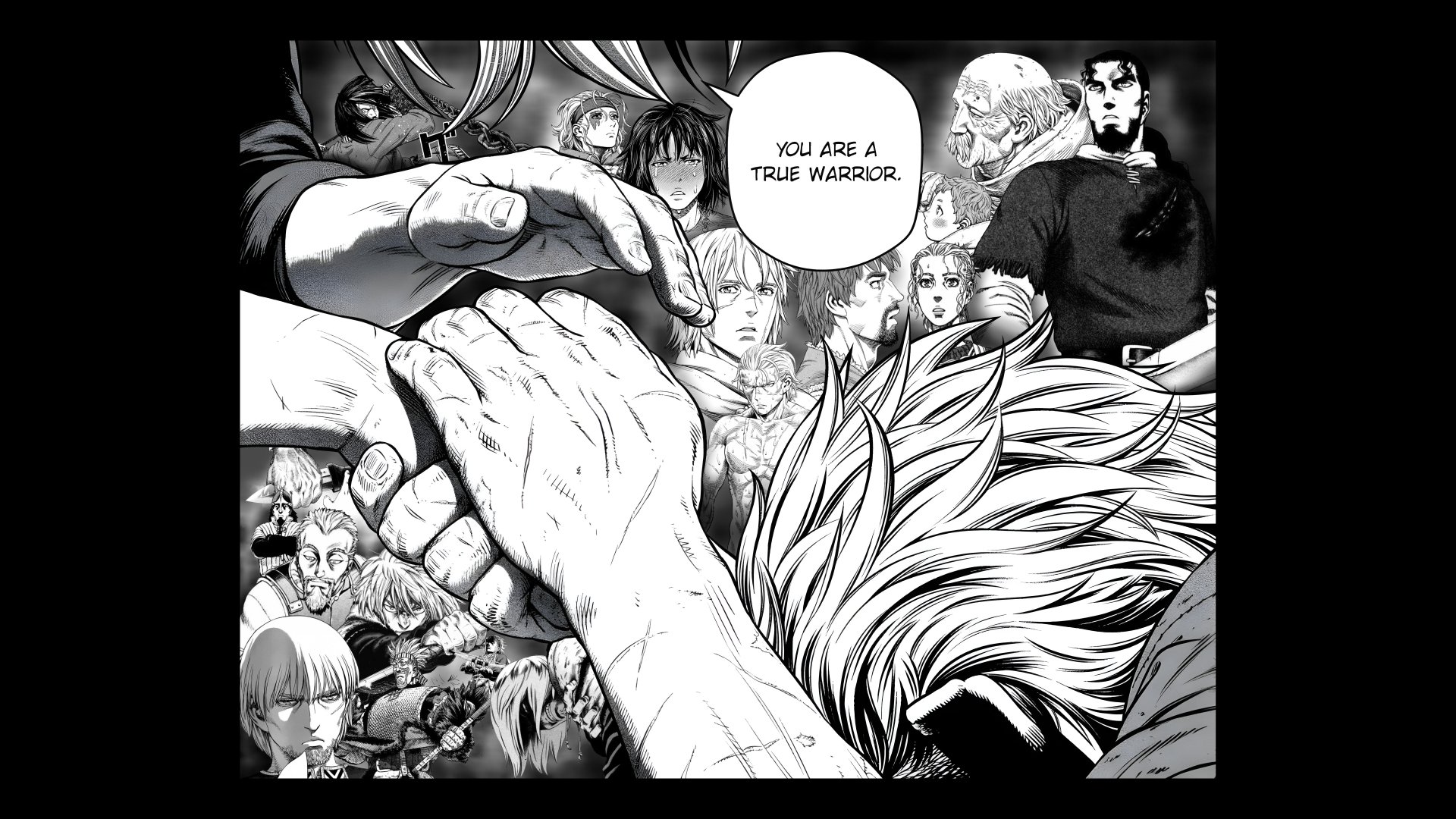Black-and-white 8K Ultra HD anime wallpaper featuring Thors, Bjorn, Thorkell, Askeladd, and Thorfinn from Vinland Saga with the quote You are a true warrior.
