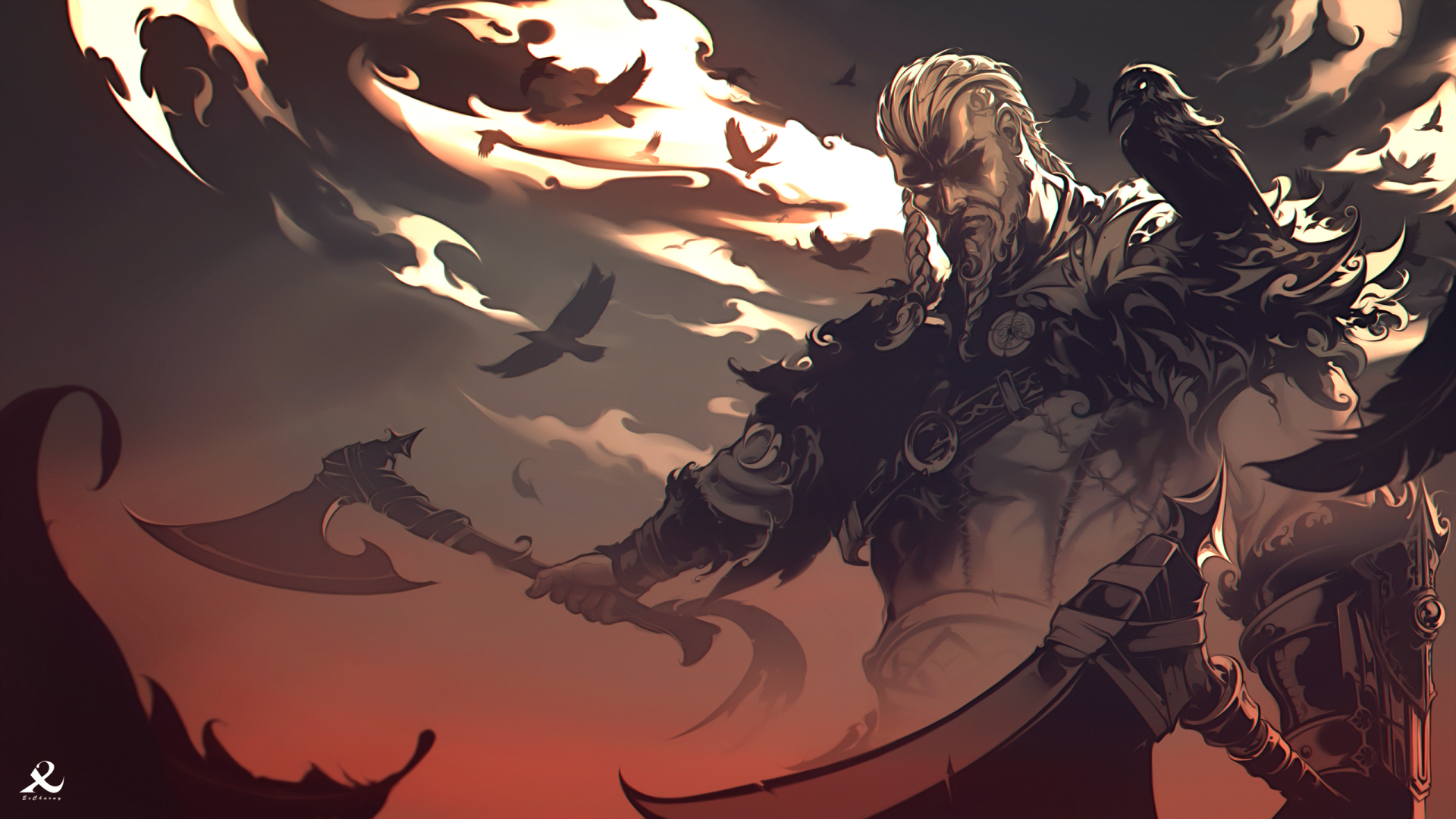 Eivor (Assassin's Creed) from Assassin's Creed Valhalla — storm-lit Viking warrior with crows and blade; HD PC desktop wallpaper/background, video game artwork.