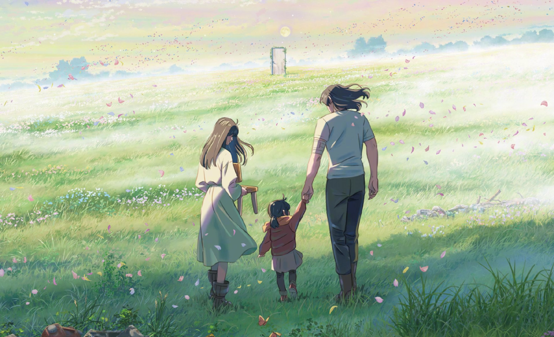 HD anime desktop wallpaper from Suzume no Tojimari, featuring three characters walking hand in hand through a sunlit, flower-filled meadow.