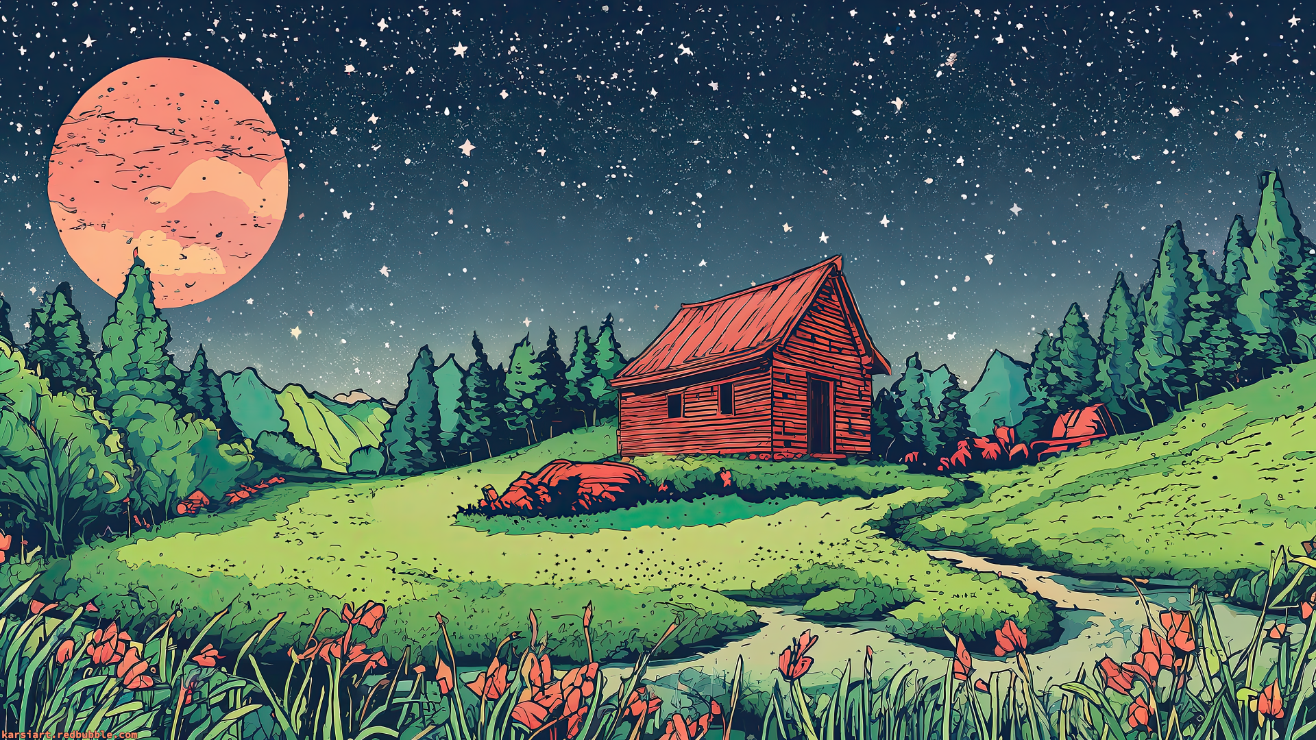 Artistic landscape of a rustic cabin by a river under a starry night sky with a large pink moon, rendered in vibrant colors for an 8K Ultra HD PC desktop wallpaper.