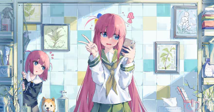 A vibrant 4K Ultra HD wallpaper featuring Hitori Gotou from Bocchi the Rock! happily taking a selfie, with another character in the background and a playful atmosphere.