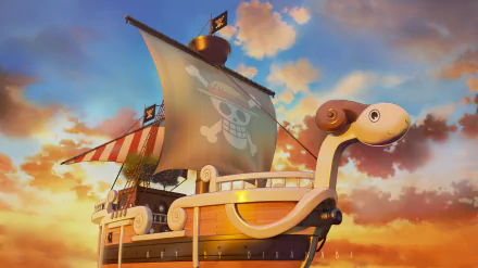 4K Ultra HD anime wallpaper of the Going Merry ship from One Piece sailing against a vibrant sunset sky.