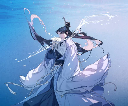 Anime-style HD PC desktop wallpaper featuring Shi WuDu from Tian Guan Ci Fu in flowing robes with dynamic water and fan effects against a blue background.