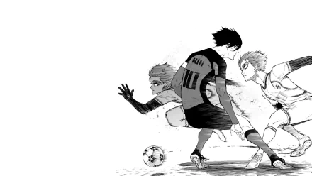 HD anime desktop wallpaper featuring Itoshi Sae and Rin Itoshi from Blue Lock in dynamic soccer action with monochrome tones and detailed shading.