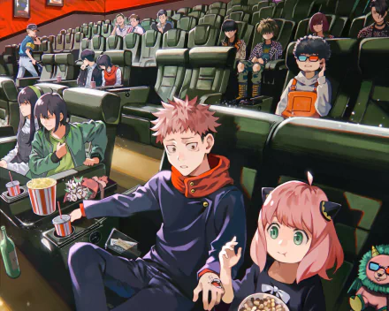 HD PC desktop wallpaper featuring anime crossover characters Anya Forger and Yuji Itadori seated in a movie theater setting.