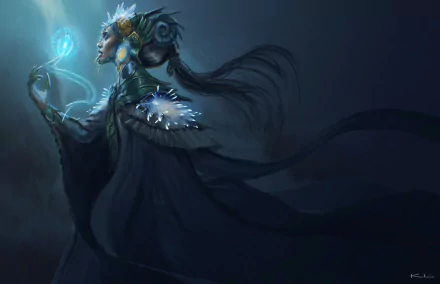 Namora (Marvel) from Black Panther: Wakanda Forever — ethereal figure in dark flowing robes holding a glowing blue orb, cinematic HD PC desktop wallpaper/background.