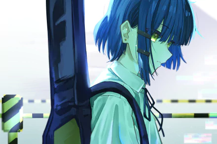 4K Ultra HD PC wallpaper: Ryou Yamada anime art of Bocchi the Rock! - blue‑haired girl with a guitar case, melancholic side profile at a sunlit station.