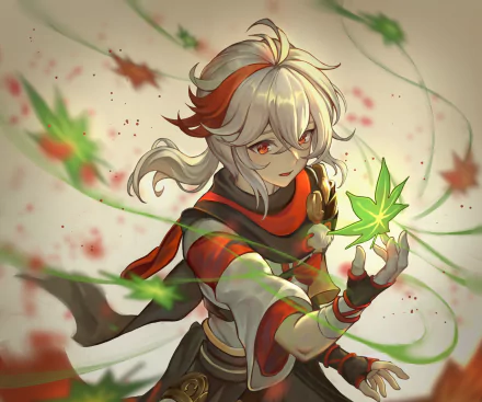 HD PC wallpaper of Kaedehara Kazuha from Genshin Impact: anime-style portrait with flowing hair and scarf, holding a glowing green maple leaf amid swirling leaves; video game background.