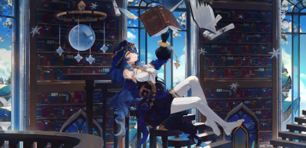 A 4K Ultra HD desktop wallpaper featuring Layla from Genshin Impact, depicted in a library setting with floating books and mystical elements, capturing a magical atmosphere.
