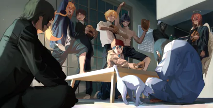 Anime-style 8K Ultra HD Chainsaw Man wallpaper featuring dynamic characters gathered in a room, some wearing baseball gloves, with a white cat nearby.