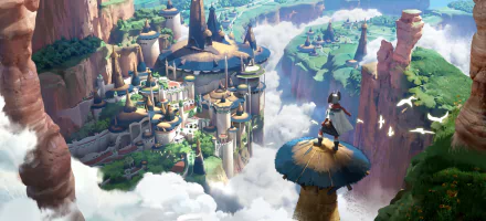 HD wallpaper of a fantasy city perched on cliffs amidst clouds, with a character standing on a high vantage point overlooking the cityscape.