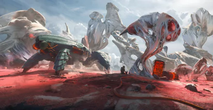 HD desktop wallpaper featuring a sci-fi landscape with futuristic vehicles and alien structures on a vibrant red terrain under a cloudy sky.