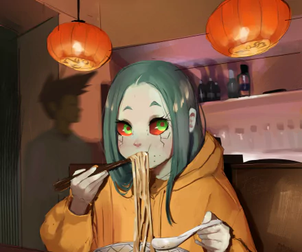 Anime-style HD desktop wallpaper of Rebecca from Cyberpunk: Edgerunners eating noodles in a dimly lit room with hanging lanterns and shelves in the background.