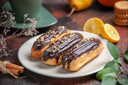 A close-up of three chocolate-glazed éclairs on a white plate with lemon halves and cinnamon sticks in the background, captured in 4K Ultra HD.