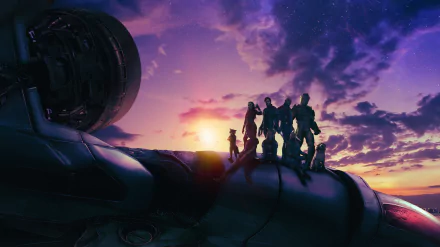 4K Ultra HD PC desktop wallpaper featuring the Guardians of the Galaxy Vol. 3 cast silhouetted against a vibrant sunset sky in a cosmic landscape.