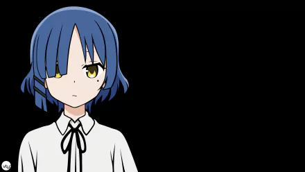 Ryou Yamada from Bocchi the Rock! in a 4K Ultra HD anime-style wallpaper with blue hair and a white blouse against a black background.