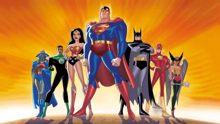 HD PC desktop wallpaper featuring Justice League heroes from the TV show, including Superman, Batman, Wonder Woman, Flash, and others against a vibrant orange background.