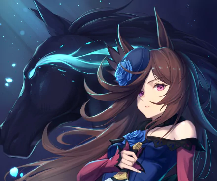 HD PC desktop wallpaper/background of Rice Shower from Uma Musume: Pretty Derby, anime-style portrait with flowing brown hair, blue roses, and a shadowy horse silhouette.