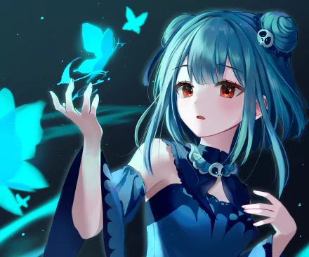 HD PC desktop wallpaper featuring Uruha Rushia, a hololive Virtual YouTuber, depicted as an anime character with teal hair and glowing blue butterflies.