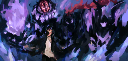 HD PC desktop wallpaper featuring Sung Jin-Woo from the anime Solo Leveling, surrounded by dark, shadowy figures in an intense, dynamic background.