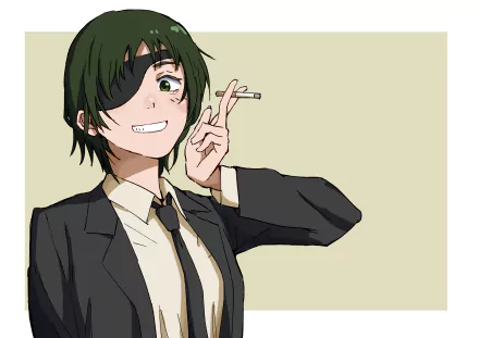 Himeno from Chainsaw Man in a black suit, holding a cigarette and smiling against a plain background, created as a 4K Ultra HD anime PC wallpaper.