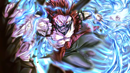 HD PC desktop wallpaper featuring Eijiro Kirishima from the anime My Hero Academia in a dynamic, fiery battle pose with vibrant blue and red energy effects.