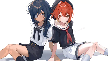 HD PC desktop wallpaper featuring Kaeya and Diluc from the video game Genshin Impact, depicted in matching school uniforms with contrasting hair colors.