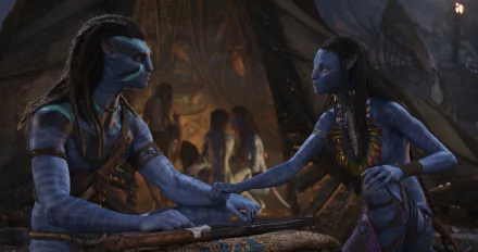 HD desktop wallpaper featuring characters from Avatar: The Way of Water, with two Na'vi holding hands in a detailed setting.