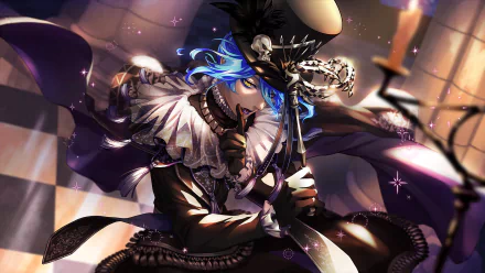 HD PC wallpaper featuring Idia Shroud from the video game Twisted Wonderland: blue hair, skull-adorned witch hat, gothic ruffled outfit in a candlelit checkerboard room with a moody fantasy vibe.