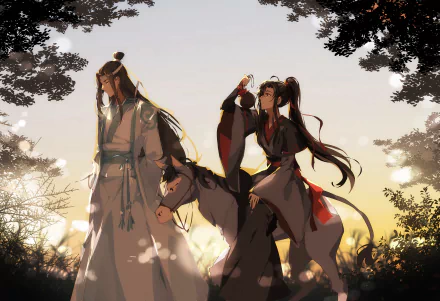 HD anime wallpaper featuring Wei Wuxian and Lan Wangji from Mo Dao Zu Shi, depicted riding a donkey amid a serene, sunlit forest setting.