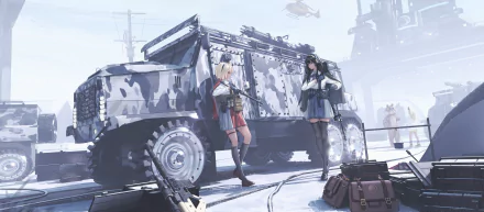 Takina Inoue and Chisato Nishikigi from Lycoris Recoil stand near a camouflaged military vehicle in a snowy anime scene, rendered in 4K Ultra HD for PC desktop background.