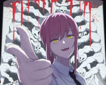 Makima (Chainsaw Man) anime 2K Quad HD PC desktop wallpaper: close-up with glowing yellow eyes and sly smile, pointing hand, stacked skulls and red blood streaks behind her.