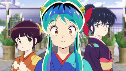 HD PC desktop wallpaper featuring Sakura, Shinobu Miyake, and Lum from the 2022 anime Urusei Yatsura in vibrant colors and detailed backgrounds.