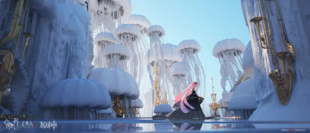 HD PC desktop wallpaper featuring Sangonomiya Kokomi from the video game Genshin Impact, set in a serene icy landscape with towering, snow-covered structures.