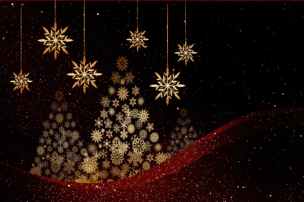 4K Ultra HD Christmas holiday wallpaper featuring golden snowflake trees and hanging stars against a dark, sparkling background with a flowing red ribbon.