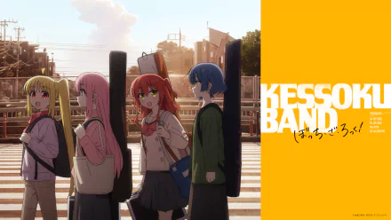 HD anime desktop wallpaper featuring Ryou Yamada, Ikuyo Kita, Hitori Gotou, and Nijika Ijichi from Bocchi the Rock! standing with instrument cases at sunset.
