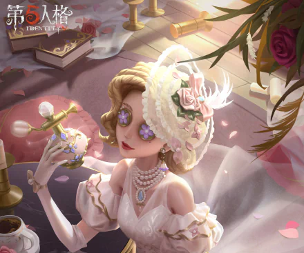 HD PC desktop wallpaper featuring a detailed character from the video game Identity V, dressed in elegant Victorian attire with floral and lace details.