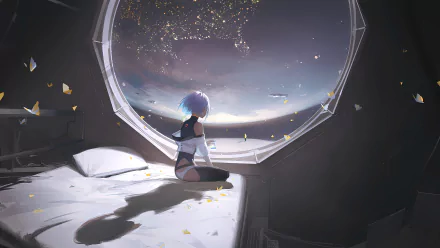 HD desktop wallpaper featuring Lucy from Cyberpunk: Edgerunners sitting on a bed, gazing out into space through a large circular window. The room is illuminated by soft, ambient light.
