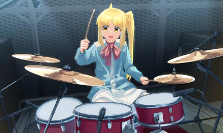 Nijika Ijichi from the anime Bocchi the Rock! plays drums, depicted in vibrant 4K Ultra HD detail as a dynamic PC desktop wallpaper.