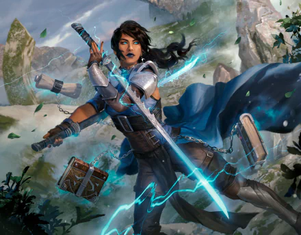 A dynamic HD PC desktop wallpaper featuring a powerful Magic: The Gathering character wielding a glowing blade amid a stormy, shattered landscape.