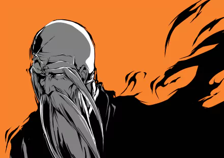 HD PC desktop wallpaper featuring Genryūsai Shigekuni Yamamoto from the anime Bleach: Thousand-Year Blood War, with a striking orange and black background.