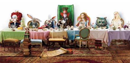 HD wallpaper from Alice in Wonderland (2010) featuring Alice, Mad Hatter, Queen of Hearts, White Queen, and Cheshire Cat characters at a whimsical tea party.