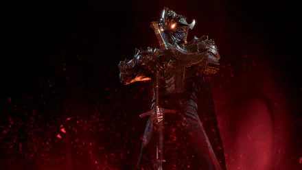 4K Ultra HD Baldur's Gate 3 wallpaper featuring a dark, armored figure with glowing eyes against a fiery red background, designed for PC desktop use.
