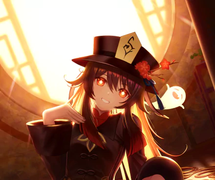 HD PC desktop wallpaper featuring Hu Tao from the video game Genshin Impact, with warm lighting and her signature outfit and hat prominently displayed.