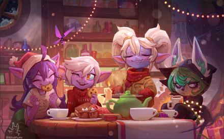 HD League of Legends desktop wallpaper featuring Vex, Lulu, Poppy, and Tristana enjoying tea and snacks in a cozy, warmly lit setting.